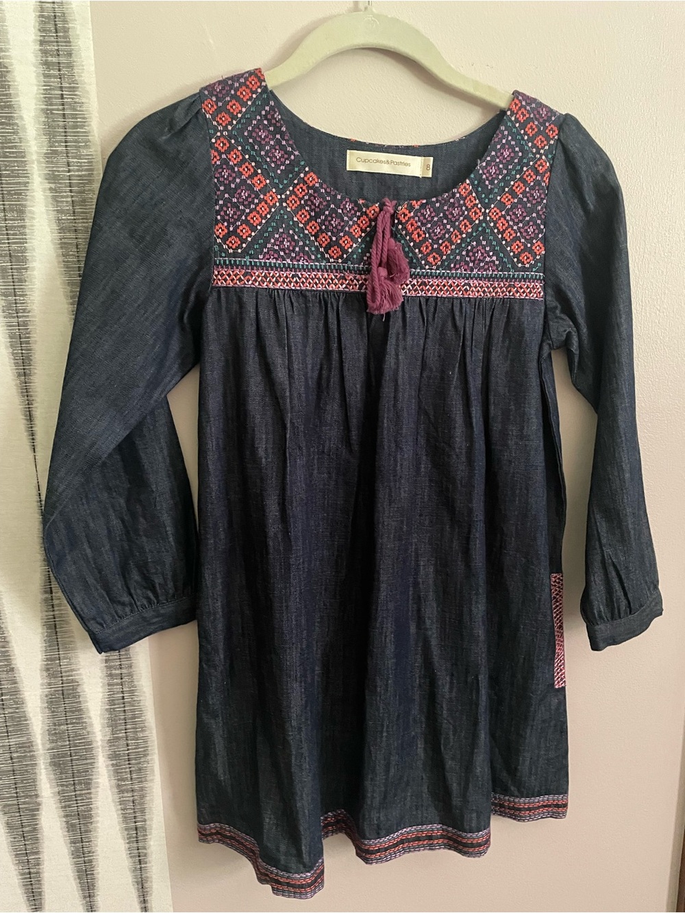 Cupcakes & Pastries Embroidered Denim Tassel-Front Dress